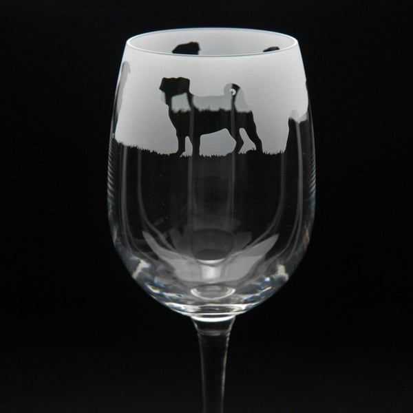 Glyptic Glass Art Pug Dog Crystal Wine Glass - Hand Etched/Engraved Gift