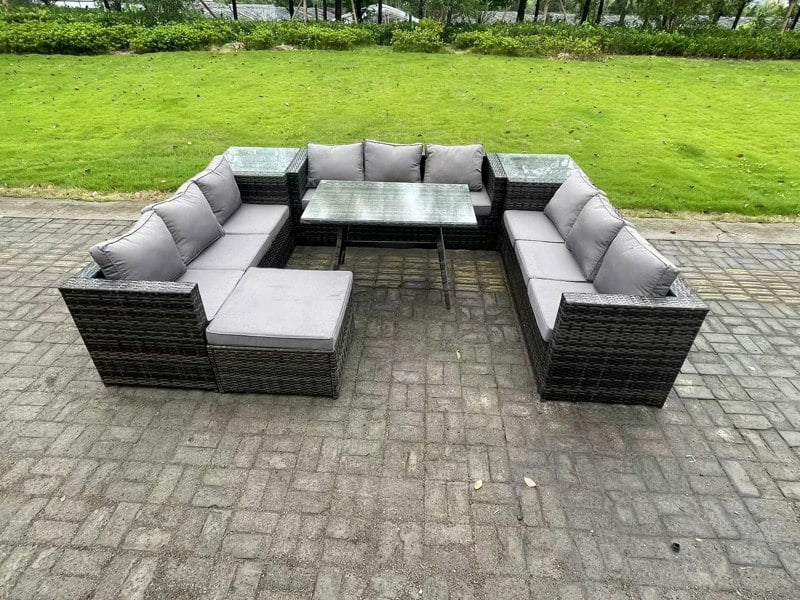 Fimous 10 Seater Wicker PE Rattan Outdoor Furniture Lounge Sofa Garden Dining Set with Dining Table 2 Side Tables Big Footstool Dark Grey Mixed