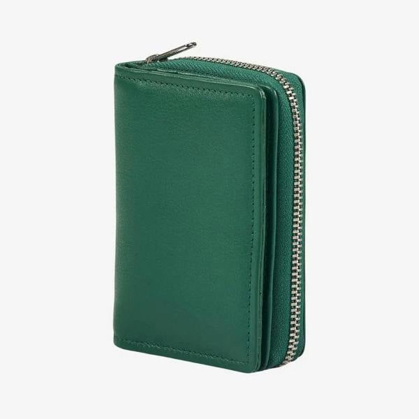 Green leather zipped card holder with RFID protection