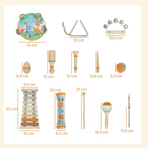 AIYAPLAY Kids Drum Kit, Wooden Baby Musical Instrument Set with Maracas