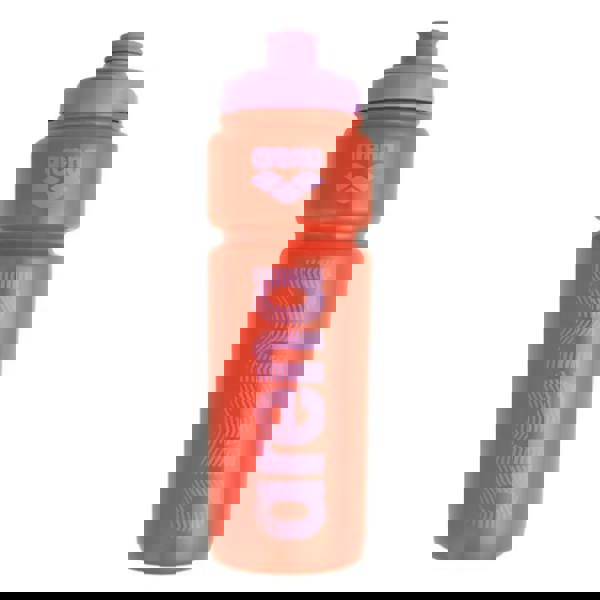 Arena Water Bottle 750ml with purple lid, orange body, white arena text pattern