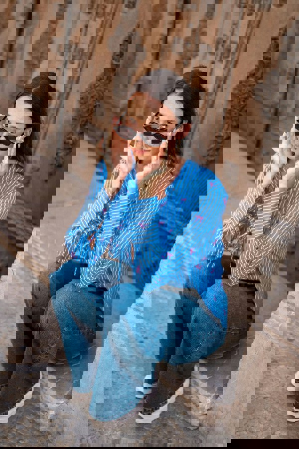 Gini London Blue Bow Embroidered Extreme Cuff Stripe Shirt