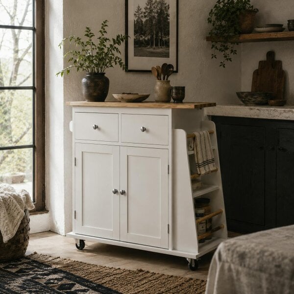 Wyld Haus Rubberwood Top Kitchen Island On Wheels With Cabinets Drawers Spice Rack And Shelves