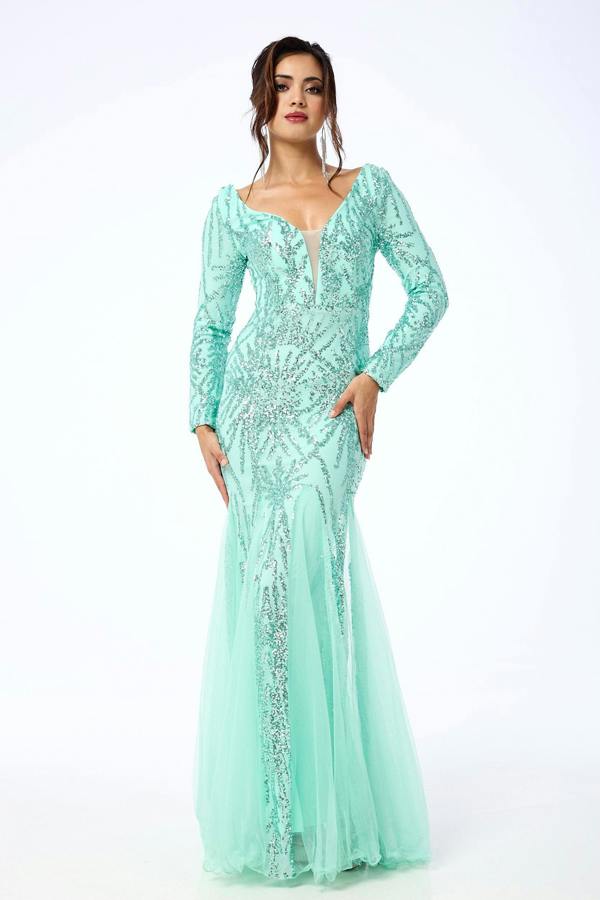 LuvForever Eliza - Mint Long Sleeve Sequin Maxi Dress