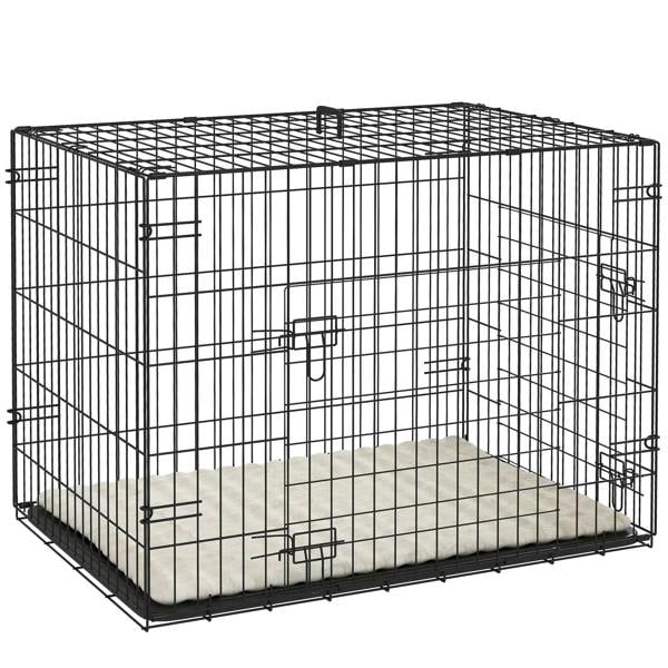 Foldable black wire dog crate with soft cushion pad inside