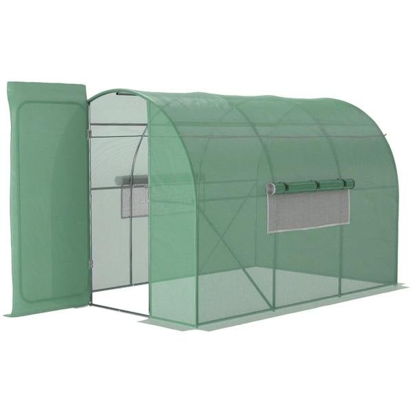 Green walk-in greenhouse with hinged door, see-through mesh sides, and galvanized metal frame