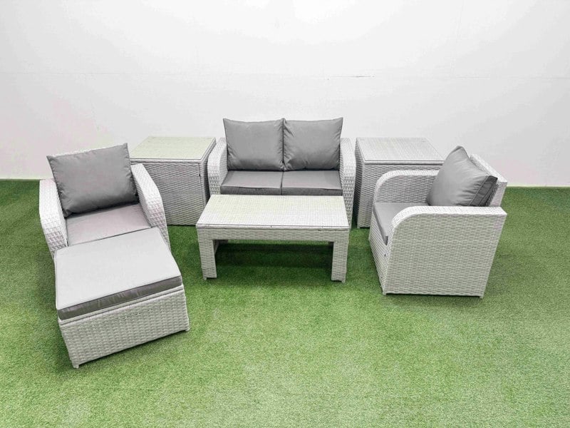Fimous Light Grey PE Wicker Rattan Garden Furniture Set Sofa Set Reclining Adjustable Chair Oblong Coffee Table 5 Seater With Footstool 2 Side Table