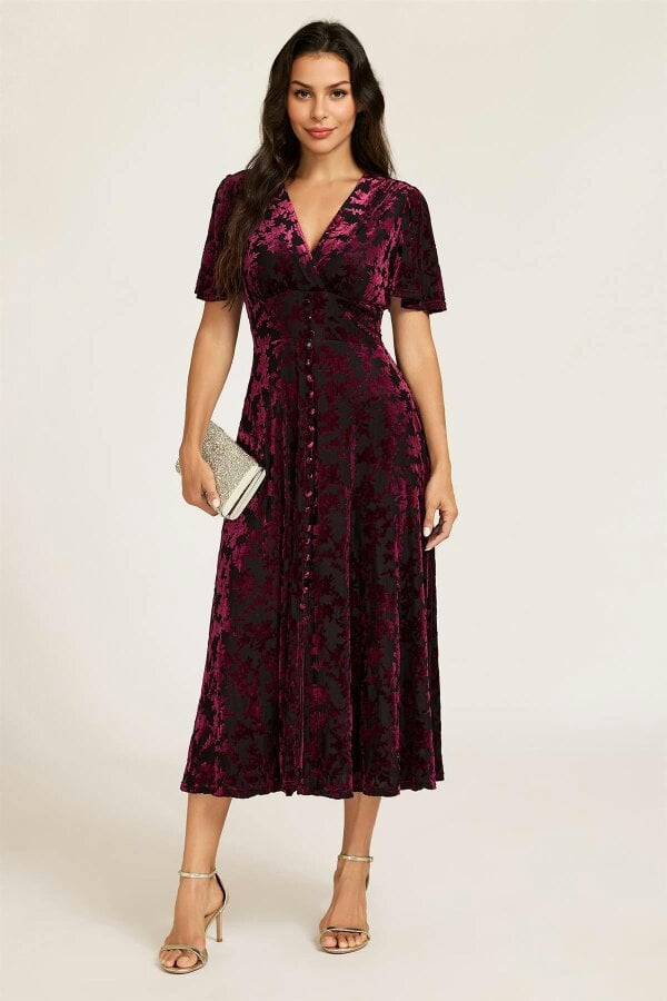FS Collection Floral Velvet Devore V neckline Dress In Wine