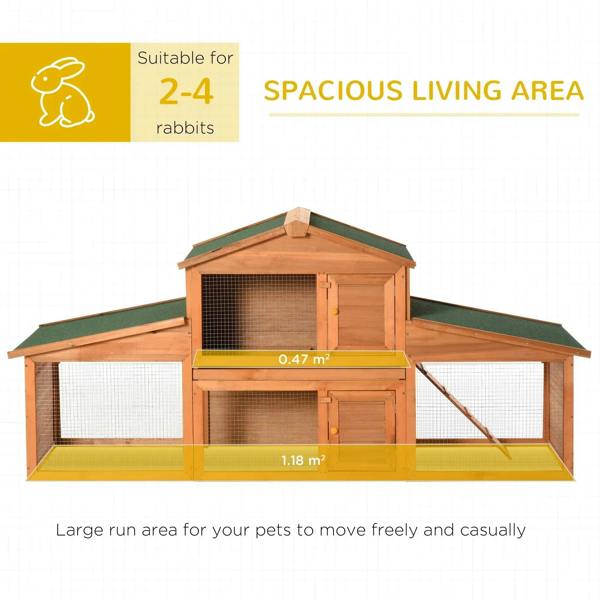 Wooden rabbit hutch with attached run, yellow base, mesh panels and access door.