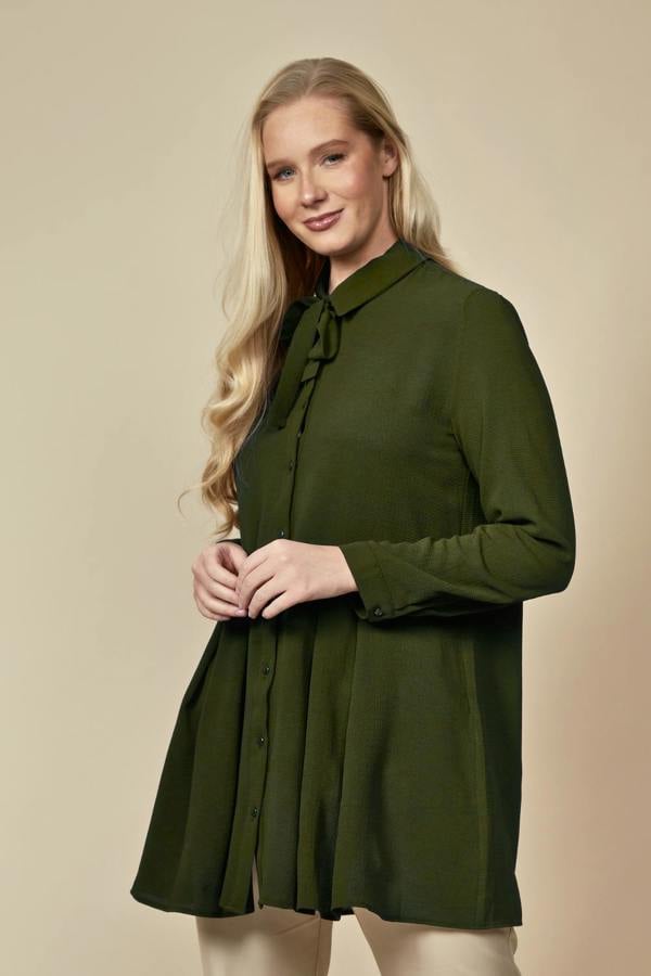 Hoxton Gal Oversized Long Sleeve Relaxed Pleated Fit Shirt with Tie Detail in Khaki