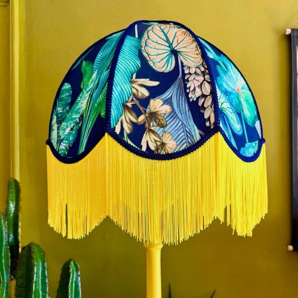 Love Frankie Joni - Vintage Fringed Dome Lampshade in Rainforest with Yellow Fringe