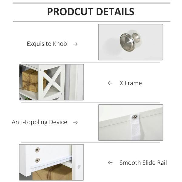 White console table detail: metal knobs, X frame, anti-tip hardware, smooth drawer slides