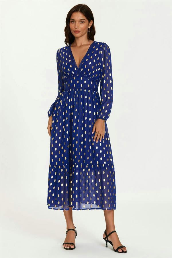FS Collection Lace Trim Foil Long Sleeve Maxi Dress In Royal Blue