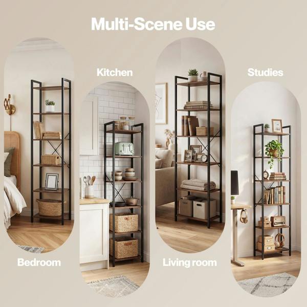 Levede Book Shelf 6-Tier Narrow Shelves Space-Saving Steel Bedroom Walnut Brown