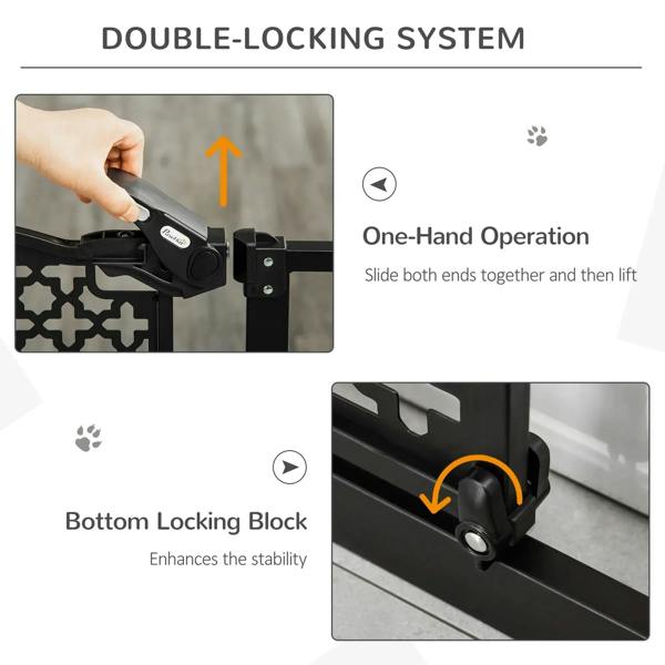 Black pet gate latch and handle on a white patterned mesh panel