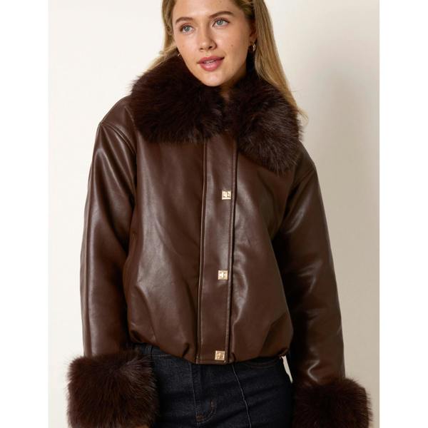 Blue Vanilla Faux Fur Collar & Cuff Cropped Jacket