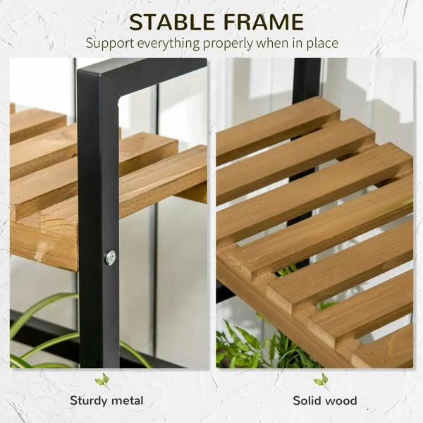 Plant stand frame detail, black metal supports and light wood slat shelves