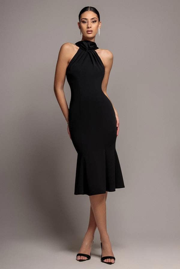 Scuba & Velvet Satin Halterneck Midi Dress With Back Sash - Black DR5022