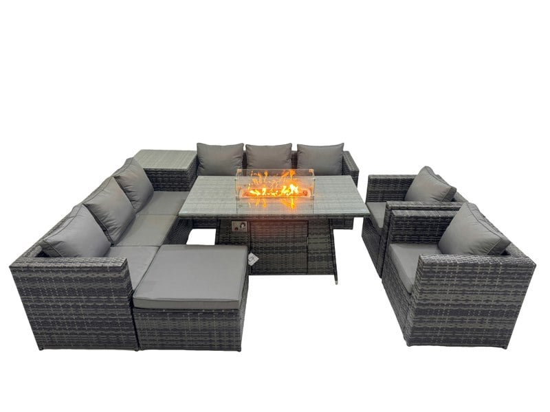 Fimous 9 Seater Garden Outdoor Rattan Furniture Set Patio Corner Sofa Gas Fire Pit Dining Table with Side Table Big Stool Dark Grey
