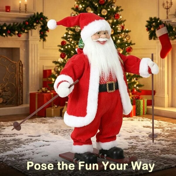 Bobobiy 2ft Singing Skiing Santa Claus, Standing Christmas Animated Santa Figure with Ski Board, Sack, Sound/Touch Activated