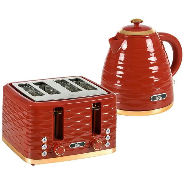 Red retro electric kettle and 4-slice toaster set with gold accents