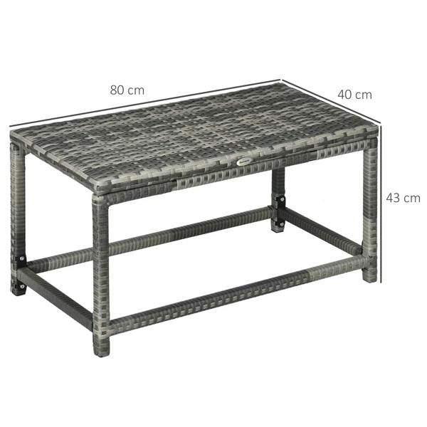 Grey woven rectangular outdoor coffee table with dimensions on top, open lower shelf
