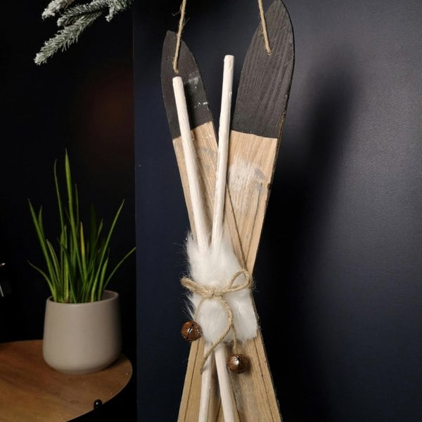 Samuel Alexander 55cm Wooden Skis with Decorative White Fur and Silver Bells Christmas Decoration
