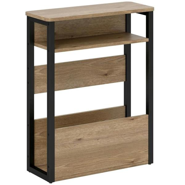 Walnut brown side table with black metal frame, open shelves and rectangular top