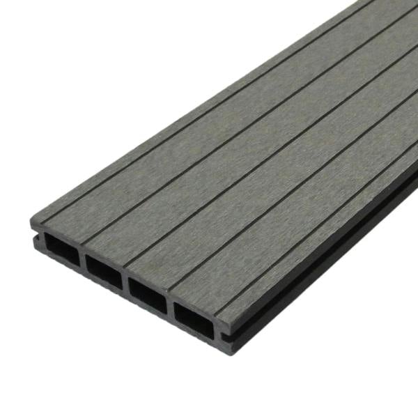 Jardí composite decking board in Castle Grey, featuring a textured surface with grooves, ideal for outdoor spaces and patios