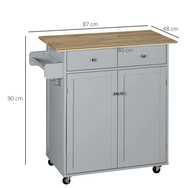 Grey rolling kitchen island cart with rubber wood top, 2 drawers, and cabinet doors.