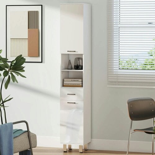Bobobiy 71" Tall Slim Bathroom Storage Cabinet, Tall Narrow Cupboard with Drawer, 2 Doors Cabinets and Adjustable Shelves, High Gloss White