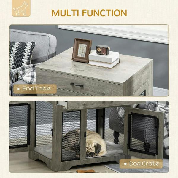 Grey dog crate end table with mesh doors; dog resting inside the open enclosure.