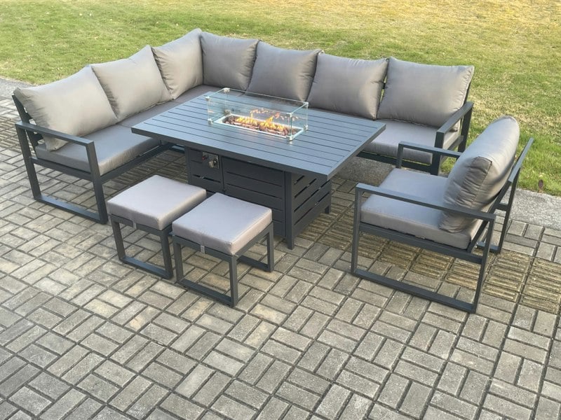 Fimous Aluminium Patio Outdoor Garden Furniture Corner Sofa Set Gas Fire Pit Dining Table with Chair 2 Small Footstools Dark Grey