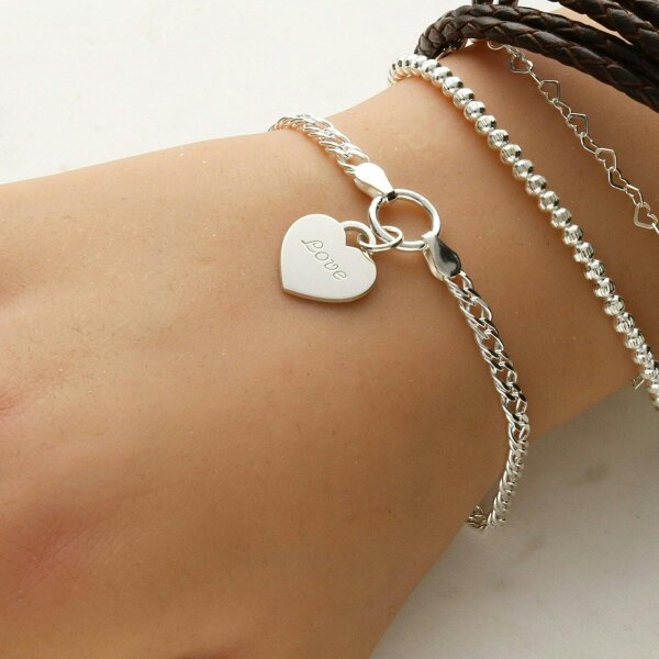 Christopher James of London Sterling Silver Ladies Heart on Fancy Double Curb Chain Bracelet With Optional Engraving