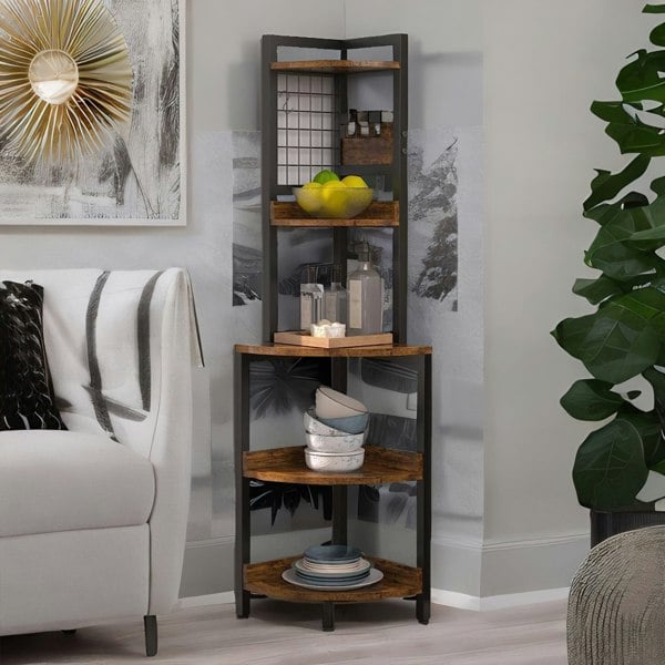 Rafaelo Mobilia Industrial Free-Standing 5 Tier Corner Shelf Rustic Brown