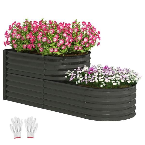 Dark grey two-tier galvanized steel garden planter with open troughs and flowering plants
