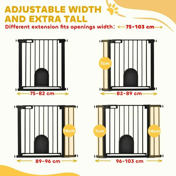 Black pet safety gate with cat flap door, adjustable width fit for openings
