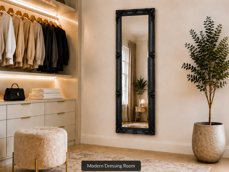 Downton Interiors Antique Style Black Tall Ornate Dressing Wall Mirror with Bevelled Glass 142cm