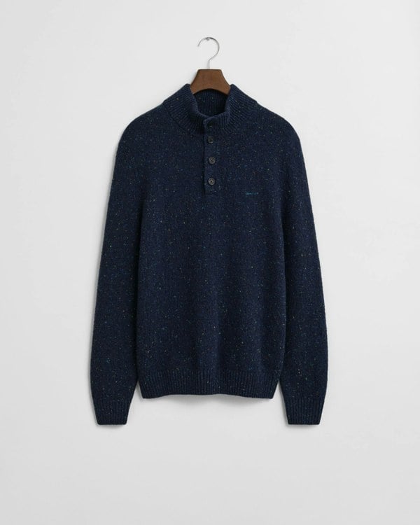 GANT Mens Wool Blend Neps Half Buttoned Jumper - 433 Evening Blue