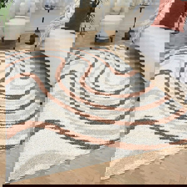 Moodi Shaggy Cream/Brown Rug, Striped design, soft pile | THE RUGS