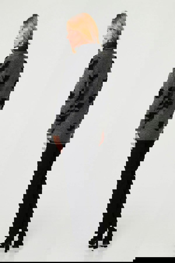 Grey | Heart Print Denim Trim Collar Jumper
