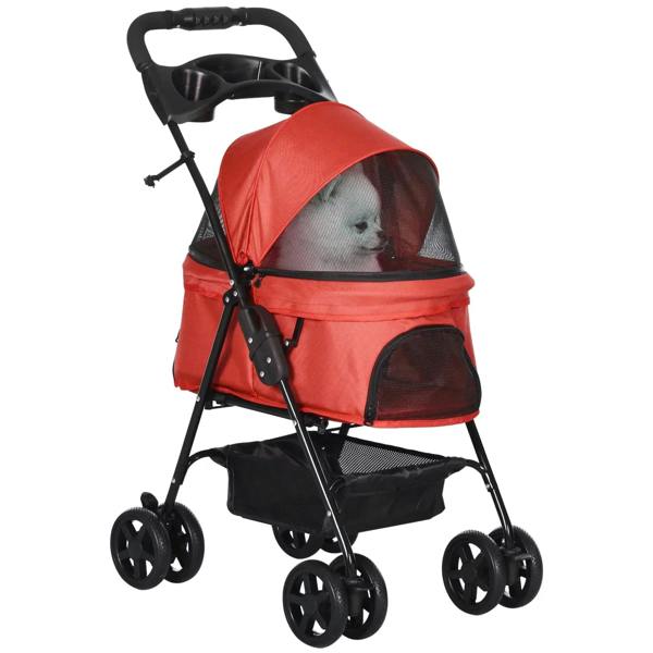 Red pet stroller with mesh canopy, safety leash, and four swivel wheels