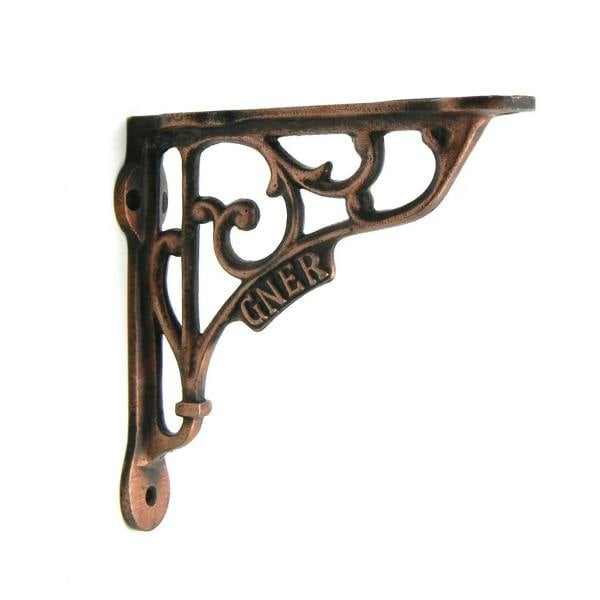 Pair of Antique Cast Iron GNER Shelf Brackets in a Copper Finish - 130mm x 130mm 
