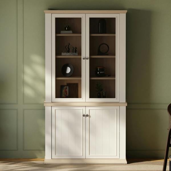 Furniture To Go Pontypool 4 Door Display Cabinet in White and Riva Oak