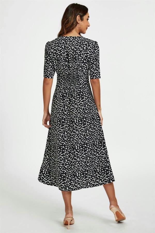 FS Collection Little Floral Print Button Front Midi Dress In Black