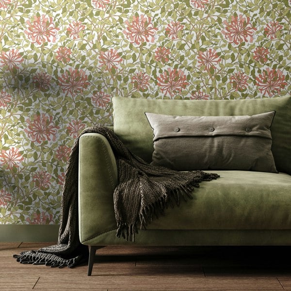 Hoopla Walls Honeysuckle Leaf Trail - Coral Pink 10m Wallpaper