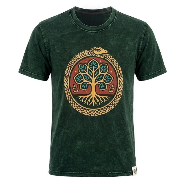 Green stonewashed cotton T-shirt with Tree of Life front graphic