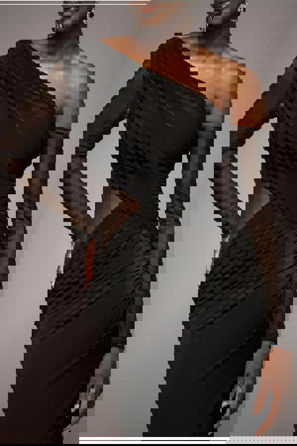 Gathered Cowl Asymmetric Mesh And Soft Touch Maxi Dress - Black DR4800