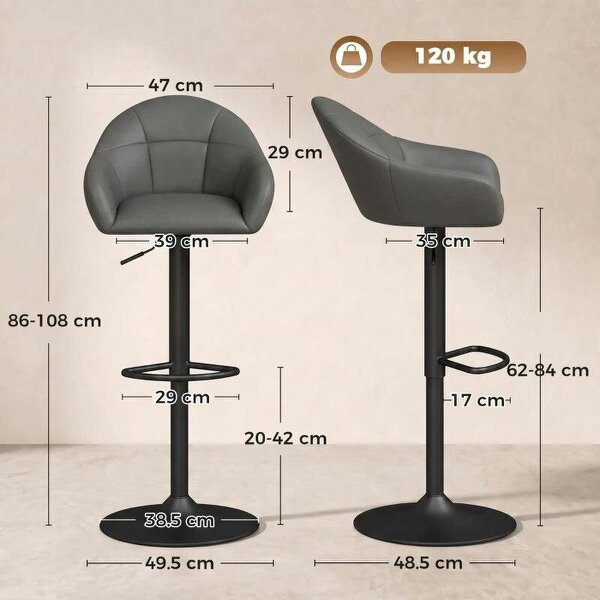 Bar Stools Adjustable Heights Breakfast Bar Stools Backrest Armrests Set of 2 with Rubber Ring Metal Base, Grey