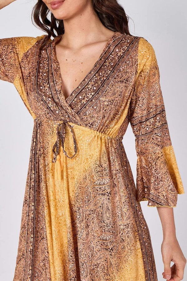 Boho Paisley Maxi Dress – Adjustable Tie Waist - Yellow - Onesize (8-14)
